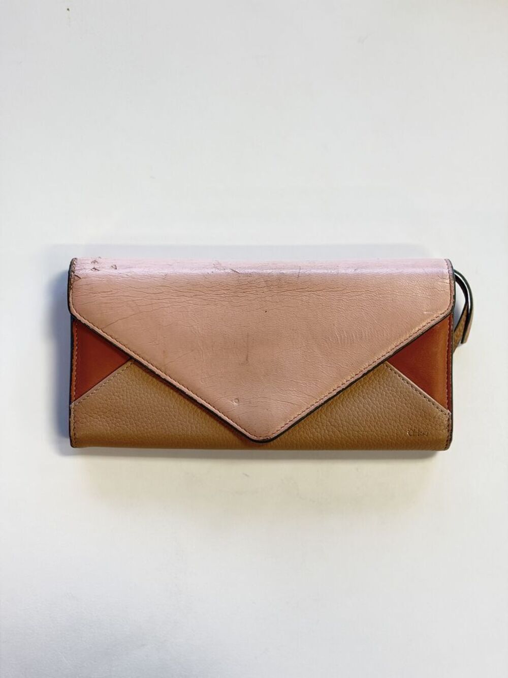 Colorblock Pink Tan Leather Envelope Long Wallet